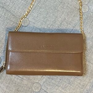 Gucci✨Long Pebbled Leather Continental Travel Organizer Flap Wallet Gold Chain
